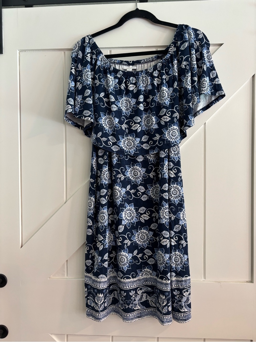 J. Jill Boho Floral Off Shoulder Dress Navy White Border Print Pockets M EUC